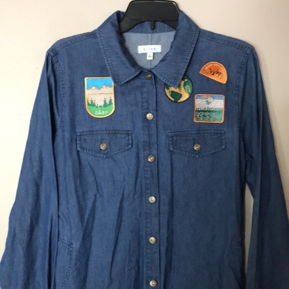 K/lab patched long sleeve button down denim romper size large - Picture 4 of 14